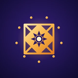 Gaurav Jyotish app icon: a gold North Indian kundali grid with a sun at the centre, ringed by nine gold dots on a deep indigo background